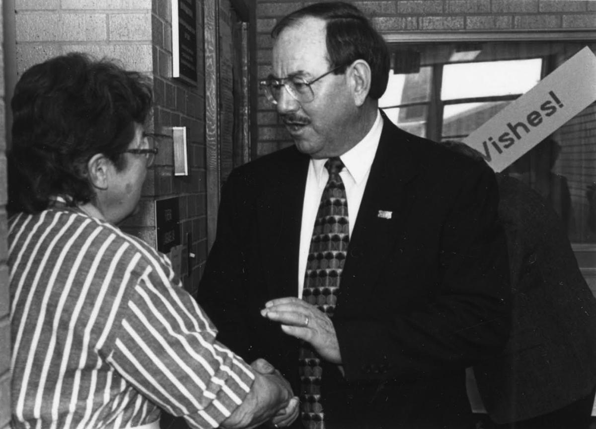 Casper College English Instructor Arlene Larson, left, with CC President LeRoy Strausner, June 1997. Casper College Western History Center. Casper College English Instructor Arlene Larson, left, with CC President LeRoy Strausner, June 1997. Casper College Western History Center.