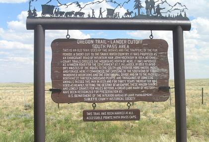 The marker at a state of Wyoming turnout at the point where the Lander Trail crosses state Highway 28 in the South Pass area. Will Bagley photo. The marker at a state of Wyoming turnout at the point where the Lander Trail crosses state Highway 28 in the South Pass area. Will Bagley photo.