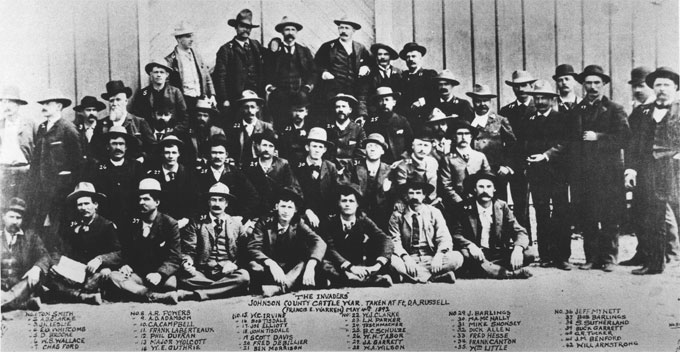 The invaders of Johnson County, in custody at Ft. D.A. Russell in Cheyenne, spring 1892. None were ever brought to trial. Courtesy Jim Gatchell Memorial Museum.
