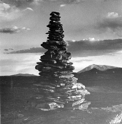 A sheepherder's momument on the Chace Ranch, Carbon County; Elk Mountain in the background. Chuck Morrison Collection, Casper College Western History Center.