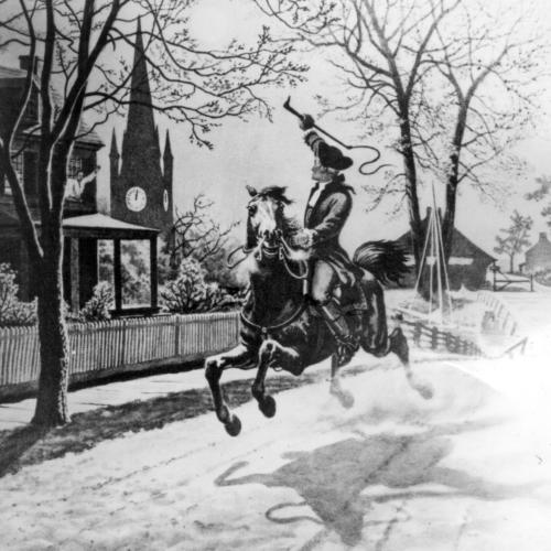 artworks showing Paul Revere on a horse galloping through a village with a clock showing midnight on a church spire in the distance