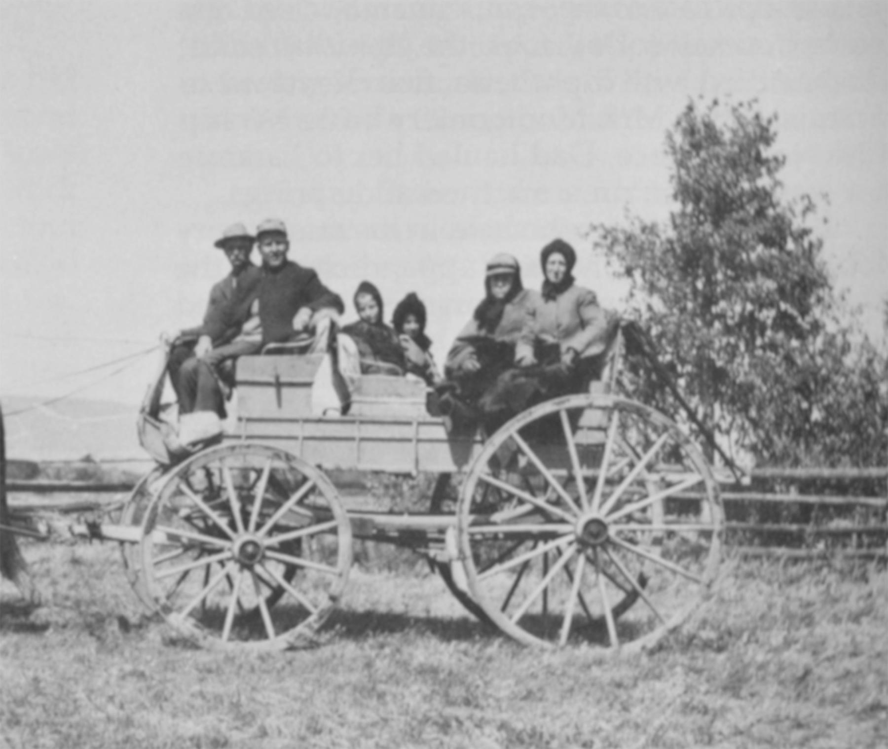 The Wright family in a wagon, date unknown. Spring would have traveled back and forth to Laramie Preparatory School in a similar wagon each year between 1906 and 1909. American Heritage Center.