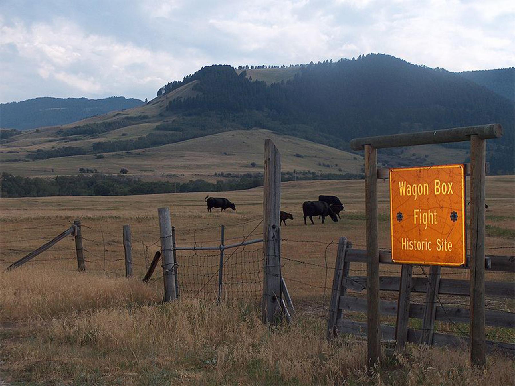 The site of the Wagon Box Fight today, looking southwest toward Johnson County. Wikipedia.