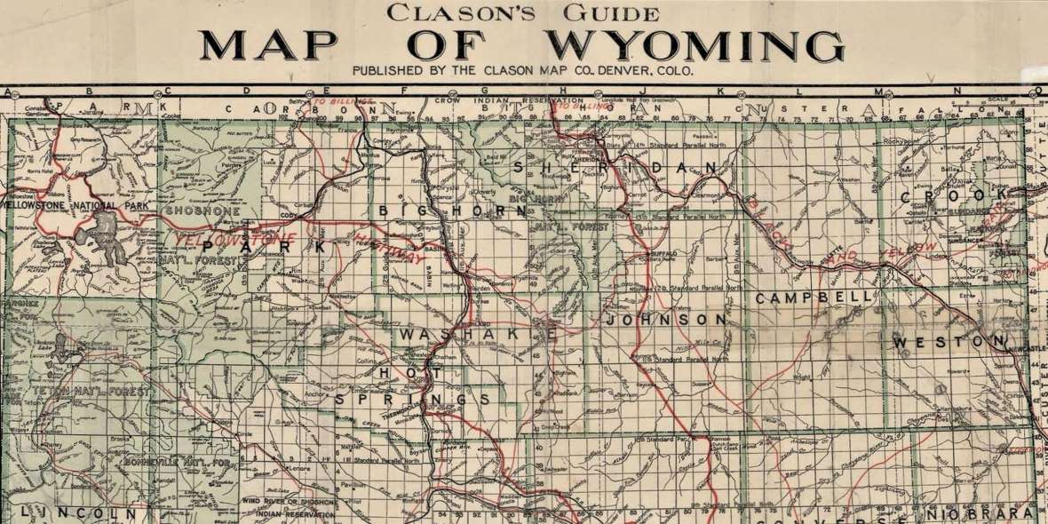 The north portion of Clason’s 1916 map of Wyoming depicts the Black and Yellow Trail and the Yellowstone Highway in red, reflecting the routes as they were laid out by that year. Both routes would evolve over time, but the original vision is clear—Yellowstone National Park could finally open its East Entrance to auto tourists. Wyoming State Archives. Click to enlarge. The north portion of Clason’s 1916 map of Wyoming depicts the Black and Yellow Trail and the Yellowstone Highway in red, reflecting the routes as they were laid out by that year. Both routes would evolve over time, but the original vision is clear—Yellowstone National Park could finally open its East Entrance to auto tourists. Wyoming State Archives. Click to enlarge.
