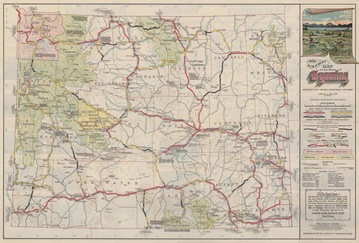 By 1932, the official Wyoming highway map clearly shows the Black and Yellow Trail, now labeled with U.S. and State route numbers, joining the Yellowstone Highway at Worland in Washakie County and continuing north and west to Yellowstone National Park. Wyoming State Archives. Click to enlarge. By 1932, the official Wyoming highway map clearly shows the Black and Yellow Trail, now labeled with U.S. and State route numbers, joining the Yellowstone Highway at Worland in Washakie County and continuing north and west to Yellowstone National Park. Wyoming State Archives. Click to enlarge.