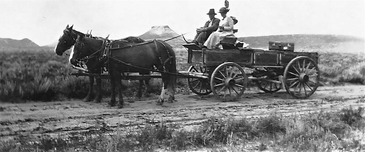 The Black and Yellow Trail in its early days: In about 1921, Frank Oedekoven and Bertha Shivers traveled the road in the vicinity of Rawhide Butte north of Gillette. Bertha’s sister-in-law, Emily Shivers, is in the back of the wagon. In spite of some reluctance on the part of Yellowstone personnel, the park opened its East Entrance to automobiles in 1916. This decision spurred the construction and improvement of roads that led to Yellowstone, such as the Black and Yellow Trail and the Yellowstone Highway; in turn the Park experienced an increase in tourism. Olin Oedekoven family. The Black and Yellow Trail in its early days: In about 1921, Frank Oedekoven and Bertha Shivers traveled the road in the vicinity of Rawhide Butte north of Gillette. Bertha’s sister-in-law, Emily Shivers, is in the back of the wagon. In spite of some reluctance on the part of Yellowstone personnel, the park opened its East Entrance to automobiles in 1916. This decision spurred the construction and improvement of roads that led to Yellowstone, such as the Black and Yellow Trail and the Yellowstone Highway; in turn the Park experienced an increase in tourism. Olin Oedekoven family.