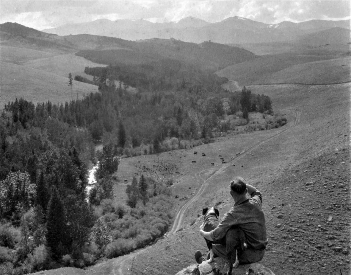 In this undated photo, man and dog look down on the Black and Yellow Trail in the Bighorn Mountains. King Collection, Wyoming State Archives. In this undated photo, man and dog look down on the Black and Yellow Trail in the Bighorn Mountains. King Collection, Wyoming State Archives.