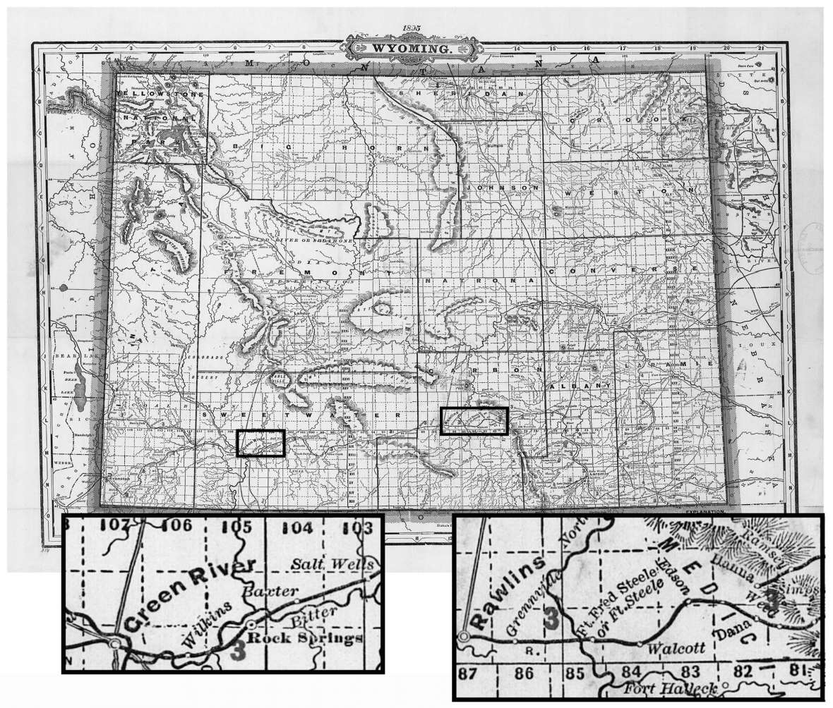 Short-lived Dana, Wyo., lay five or six miles south of Hanna and 32 miles east of Rawlins (see right-hand inset) on the main Union Pacific line. The map is Cram’s Township and Railroad Map, 1895. Library of Congress; insets by the author. Click to enlarge Short-lived Dana, Wyo., lay five or six miles south of Hanna and 32 miles east of Rawlins (see right-hand inset) on the main Union Pacific line. The map is Cram’s Township and Railroad Map, 1895. Library of Congress; insets by the author. Click to enlarge