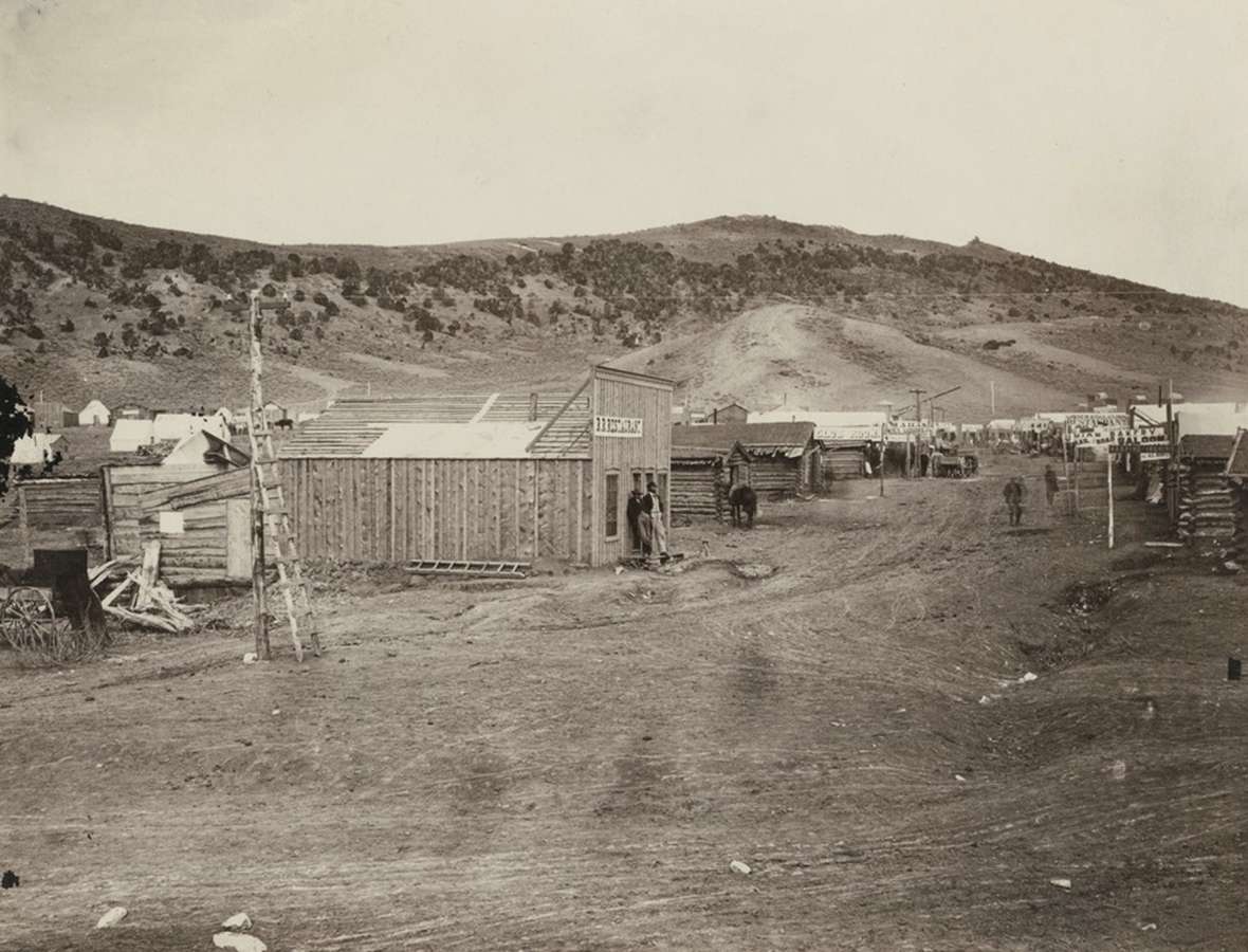 Bear River City, where in November 1868 the Frontier Index, after praising a vigilante hanging, met its end when a mob of friends of the hanging's victims burned its office and smashed the press. A.J. Russell photo.