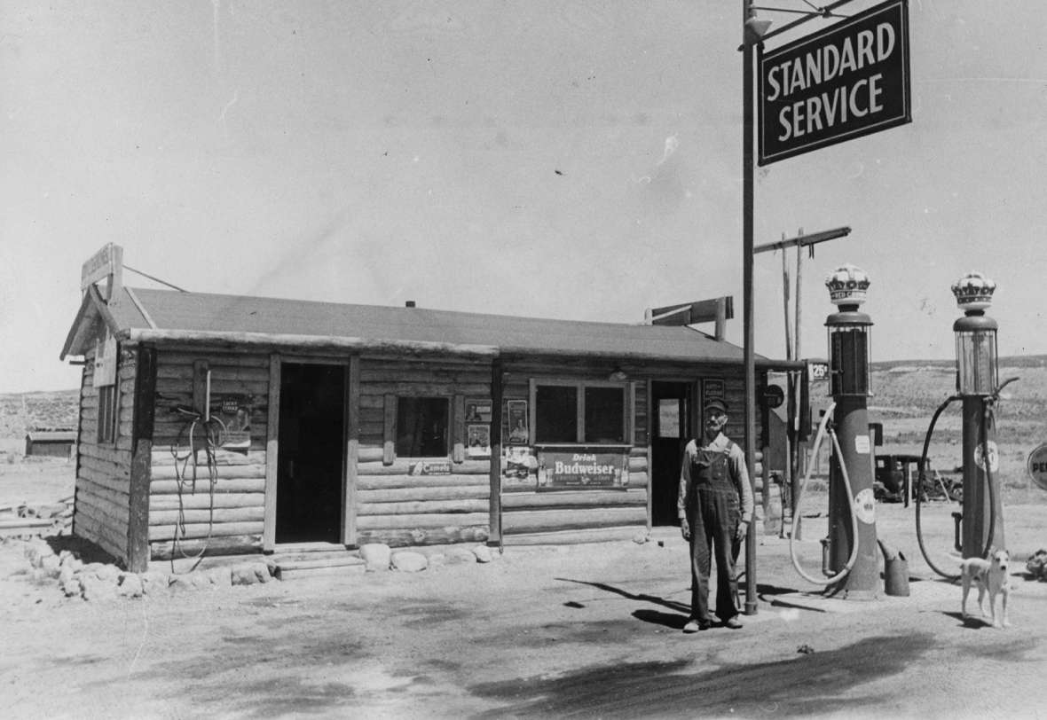 Andrew Anderson, at his service station at remote Coyote Springs between Hanna, Wyo. and Walcott on the Lincoln Highway/U.S. 30, perhaps in the 1930s. Courtesy Nancy Anderson. Andrew Anderson, at his service station at remote Coyote Springs between Hanna, Wyo. and Walcott on the Lincoln Highway/U.S. 30, perhaps in the 1930s. Courtesy Nancy Anderson.