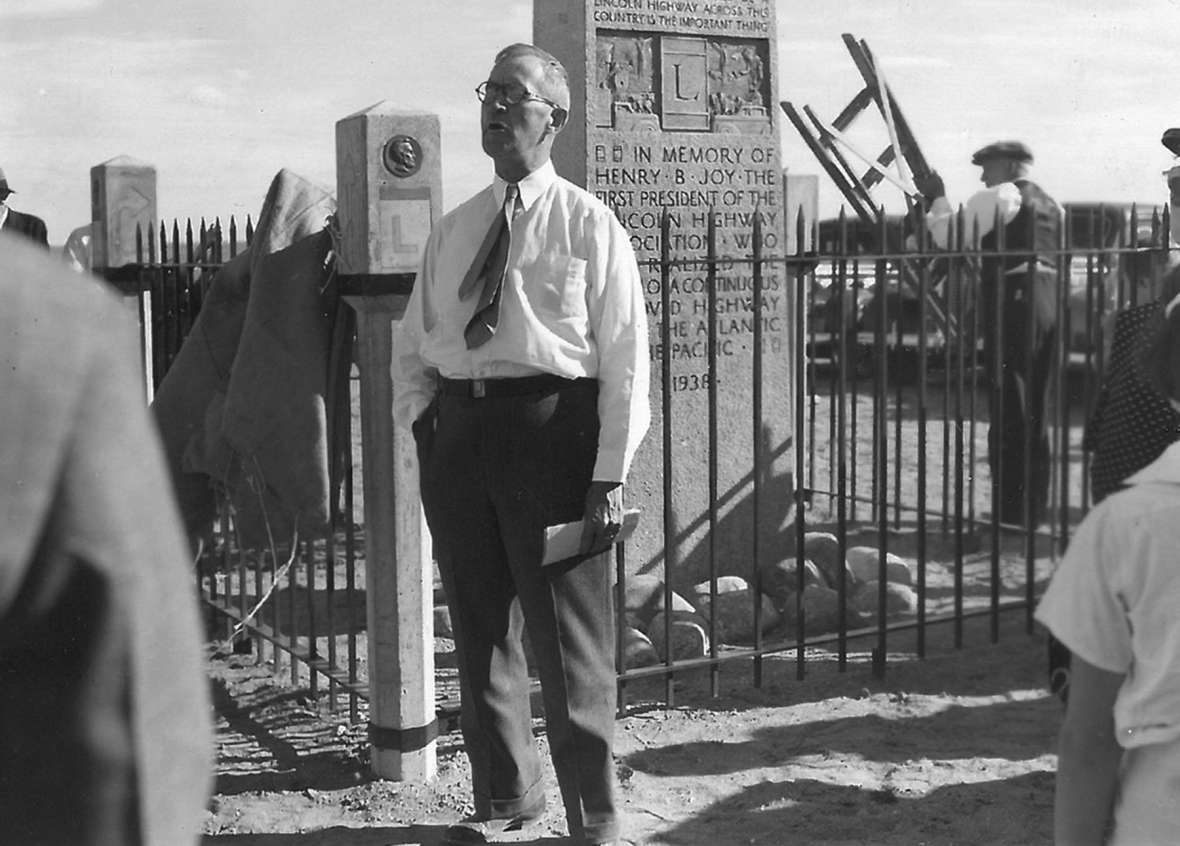 Payson Spaulding, Evanston, Wyo., attorney and the Lincoln Highway Association’s only state consul ever named for Wyoming, dedicates a monument on U.S. 30 west of Creston to the visionary Henry Joy, 1938. The Joy monument was moved to the summit rest area on I-80 near the Lincoln monument in 2001. American Heritage Center. Payson Spaulding, Evanston, Wyo., attorney and the Lincoln Highway Association’s only state consul ever named for Wyoming, dedicates a monument on U.S. 30 west of Creston to the visionary Henry Joy, 1938. The Joy monument was moved to the summit rest area on I-80 near the Lincoln monument in 2001. American Heritage Center.