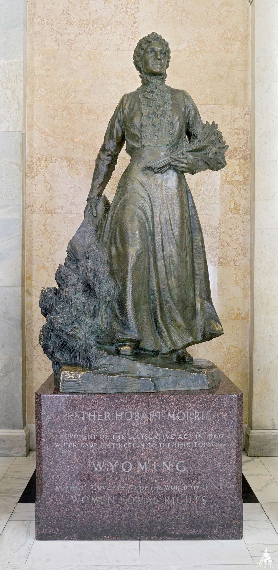 The heroic Avard Fairbanks statue of Esther Morris at the U.S. Capitol was installed in 1960, and remains there. A duplicate stood for decades in front of the Wyoming Capitol. As part of the 2019 remodel of the building the sculpture was moved underground to the Capitol Extension between the Capitol and the Herschler Building. Architect of the Capitol.