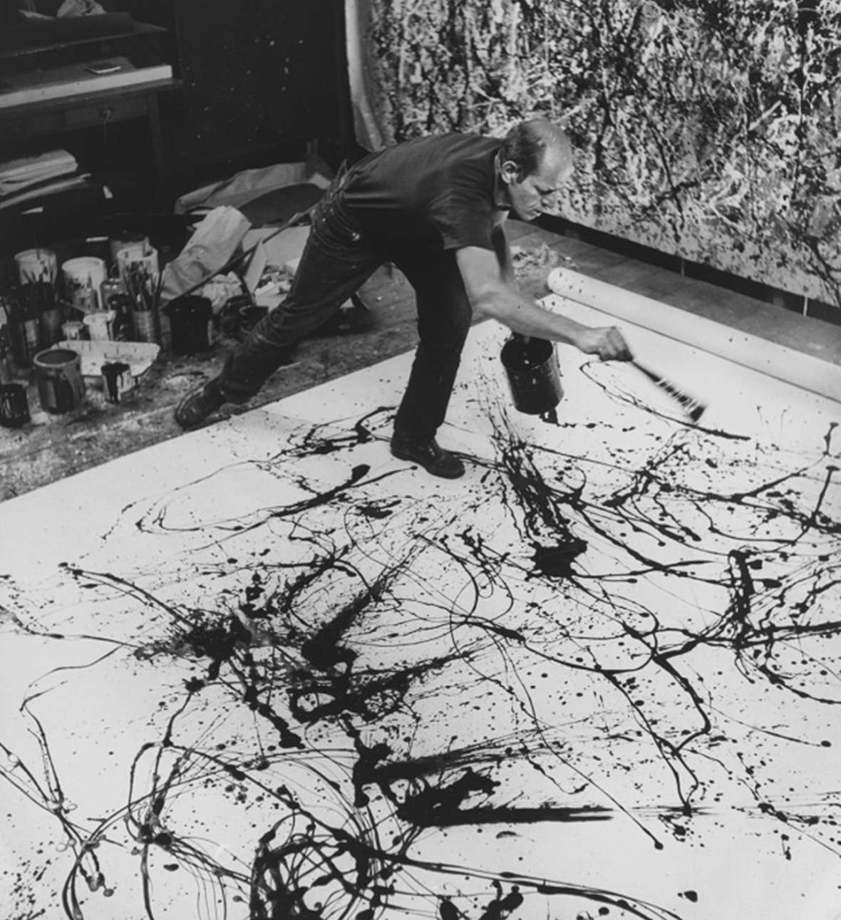 The artist at work in his studio, 1950. In Pollock's great works, you can’t look at a figure, or a form, or even a deeper meaning—so you’re free to focus on the artistic wonder of a line itself. Hans Nelmuth photo, National Portrait Gallery. The artist at work in his studio, 1950. In Pollock's great works, you can’t look at a figure, or a form, or even a deeper meaning—so you’re free to focus on the artistic wonder of a line itself. Hans Nelmuth photo, National Portrait Gallery.