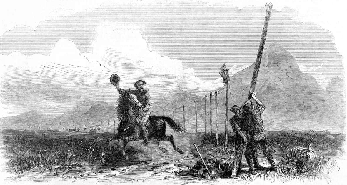 When it was completed in October 1861, the transcontinental telegraph put the Pony Express out of business. In this 1867 illustration from Harper’s Weekly, a Pony Express rider gallops past workers building the new line. Note the bison skeleton at lower right. Wikipedia. When it was completed in October 1861, the transcontinental telegraph put the Pony Express out of business. In this 1867 illustration from Harper’s Weekly, a Pony Express rider gallops past workers building the new line. Note the bison skeleton at lower right. Wikipedia.