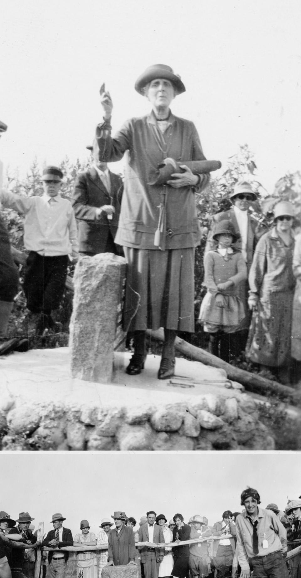 In 1921, the State of Wyoming erected a small granite monument at the Wagon Box site. An aging Grace Hebard visited Fort Phil Kearny (shown here) and the Wagon Box site in 1926, with around 300 University of Wyoning students and others. American Heritage Center.