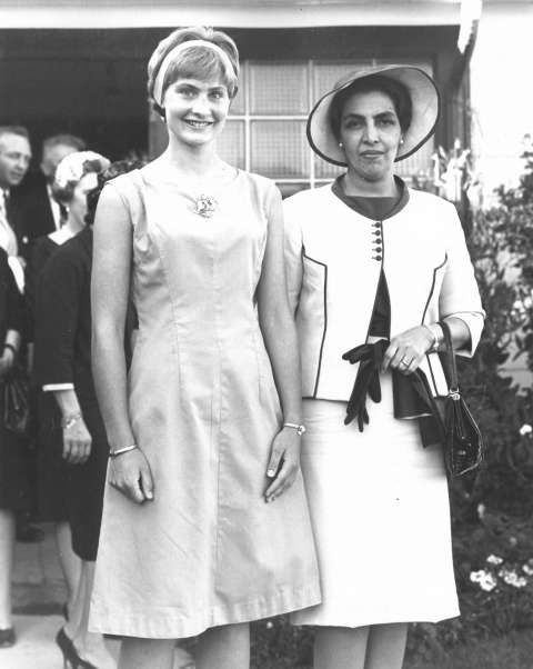 Queen Humaira, right, asked that her photo be taken with Miss Tierney, who helped serve the tea at the Lembcke ranch south of Laramie during the royals’ visit, September 1963. American Heritage Center. Queen Humaira, right, asked that her photo be taken with Miss Tierney, who helped serve the tea at the Lembcke ranch south of Laramie during the royals’ visit, September 1963. American Heritage Center.