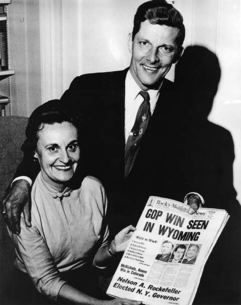 The morning after the 1958 election, Senator-elect and Democrat Gale McGee and his wife, Loraine, smile at a Rocky Mountain News headline recalling the Chicago Tribune’s too-soon announcement of Thomas Dewey’s 1948 “victory” over Harry Truman. Courtesy Robert McGee. The morning after the 1958 election, Senator-elect and Democrat Gale McGee and his wife, Loraine, smile at a Rocky Mountain News headline recalling the Chicago Tribune’s too-soon announcement of Thomas Dewey’s 1948 “victory” over Harry Truman. Courtesy Robert McGee.