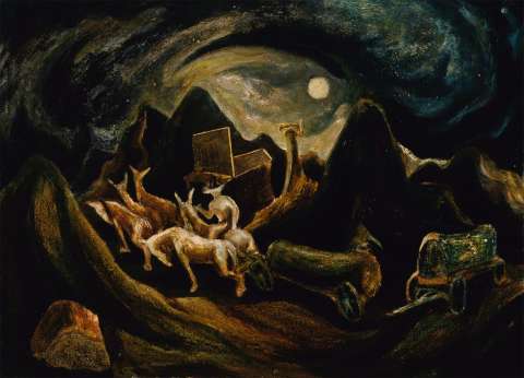 Going West, 1934-35, reflects the influence of Pollock's mentor, Thomas Hart Benton. But its horses and covered wagons didn’t tell Pollock’s story—his family had come to and gone from Wyoming by train. Smithsonian American Art Museum. Click to enlarge Going West, 1934-35, reflects the influence of Pollock's mentor, Thomas Hart Benton. But its horses and covered wagons didn’t tell Pollock’s story—his family had come to and gone from Wyoming by train. Smithsonian American Art Museum. Click to enlarge