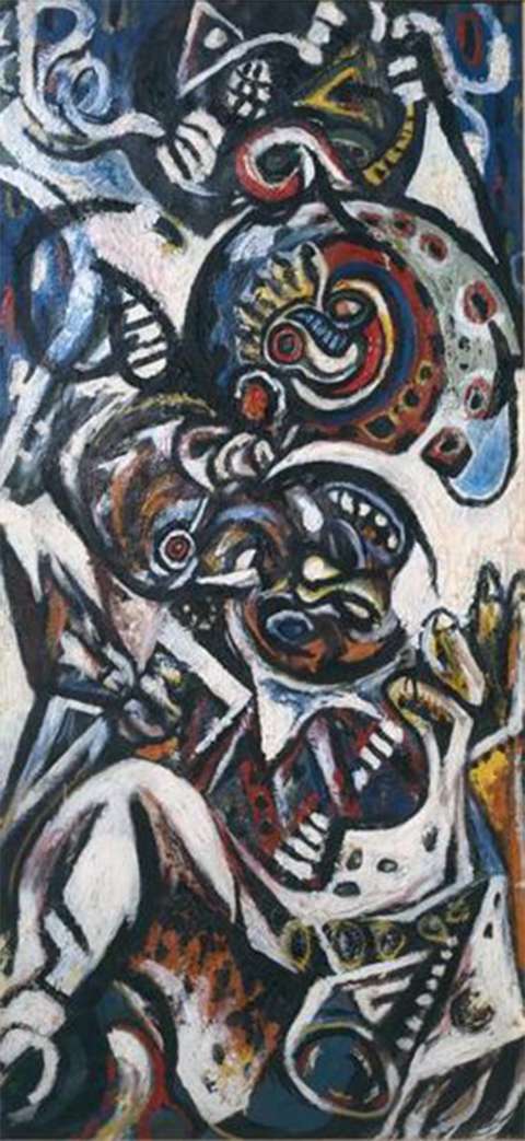 In Birth, ca. 1940, Pollock applied Picasso’s style of flattened forms and thick outlines to depictions of an Inuit mask. Tate Museum, via WikiArt. Click to enlarge In Birth, ca. 1940, Pollock applied Picasso’s style of flattened forms and thick outlines to depictions of an Inuit mask. Tate Museum, via WikiArt.