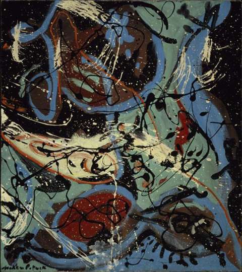 Composition with Pouring II, 1943, was Pollock’s first experiment with drips and swirls. WikiArt. Click to enlarge Composition with Pouring II, 1943, was Pollock’s first experiment with drips and swirls. WikiArt.