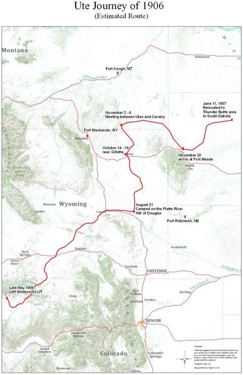 Estimated route of the Utes, 1906. Campbell County Rockpile Museum. Click to enlarge Estimated route of the Utes, 1906. Campbell County Rockpile Museum.