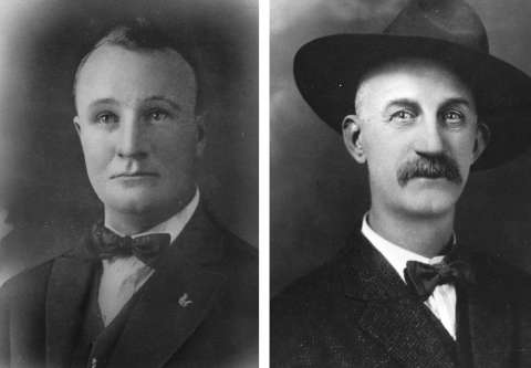 Edward Woodson surrendered to Union Pacific Special Agent Matt McCourt, left; McCourt took him to the courthouse and turned him over to Sweetwater County Sheriff Arthur Dixon, right, at the jail. But Dixon and his deputy would prove unable to protect Woodson from the mob. Sweetwater County Historical Museum. Edward Woodson surrendered to Union Pacific Special Agent Matt McCourt, left; McCourt took him to the courthouse and turned him over to Sweetwater County Sheriff Arthur Dixon, right, at the jail. But Dixon and his deputy would prove unable to protect Woodson from the mob. Sweetwater County Historical Museum.